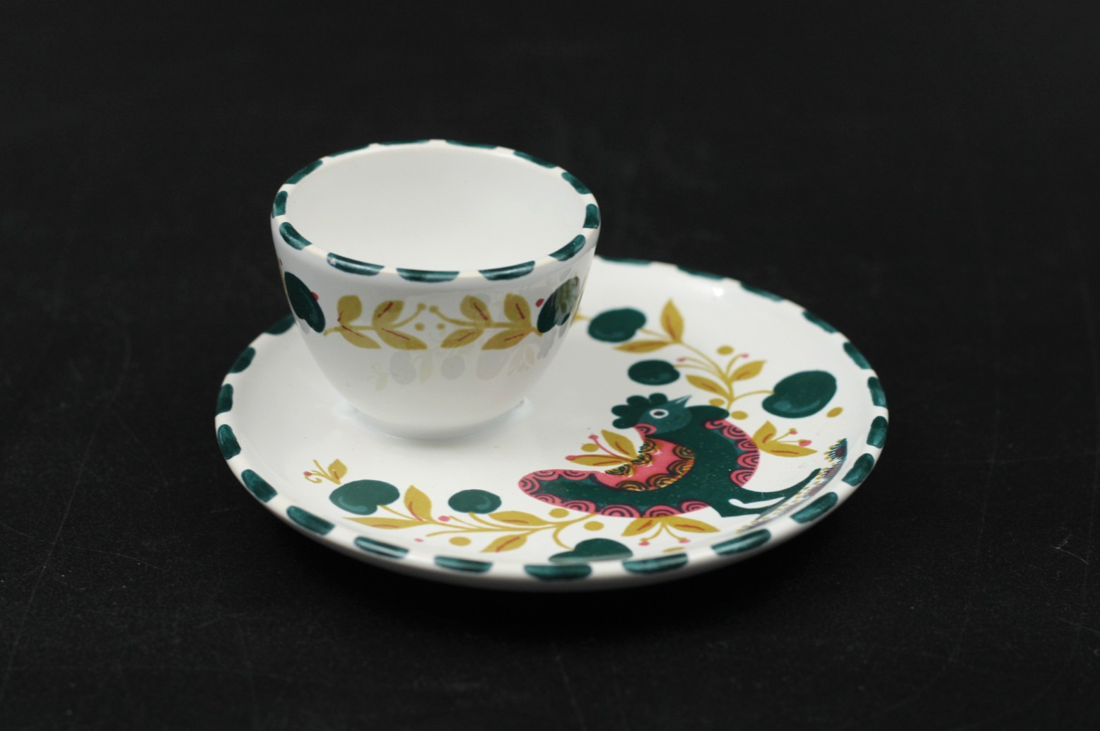 Kocheler Keramik Töpferei Eierbecher mit Ablage Hahn Motiv Vintage Ø 10 cm